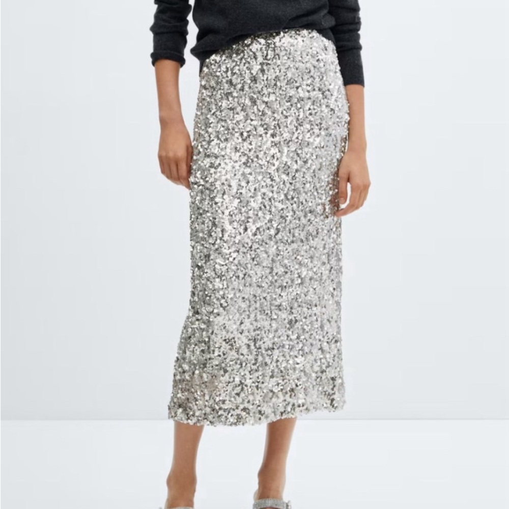 Mango Silver Sequin Midi Skirt - NWT